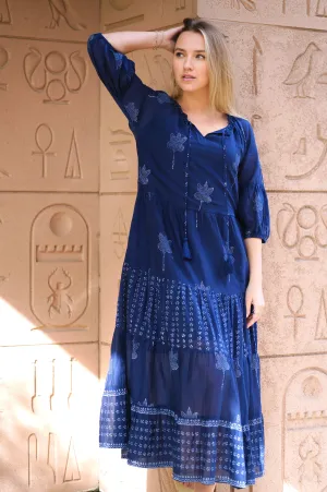 Bells Maxi Dress Hand Block Printed Blue