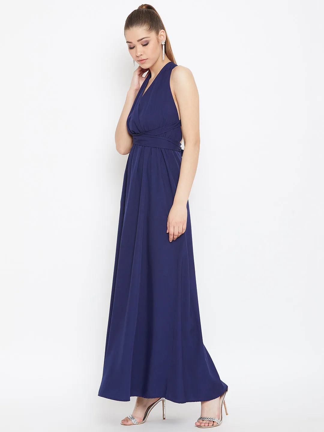 Berrylush Women Solid Navy Blue Halter Neck Multiway Flared Maxi Dress