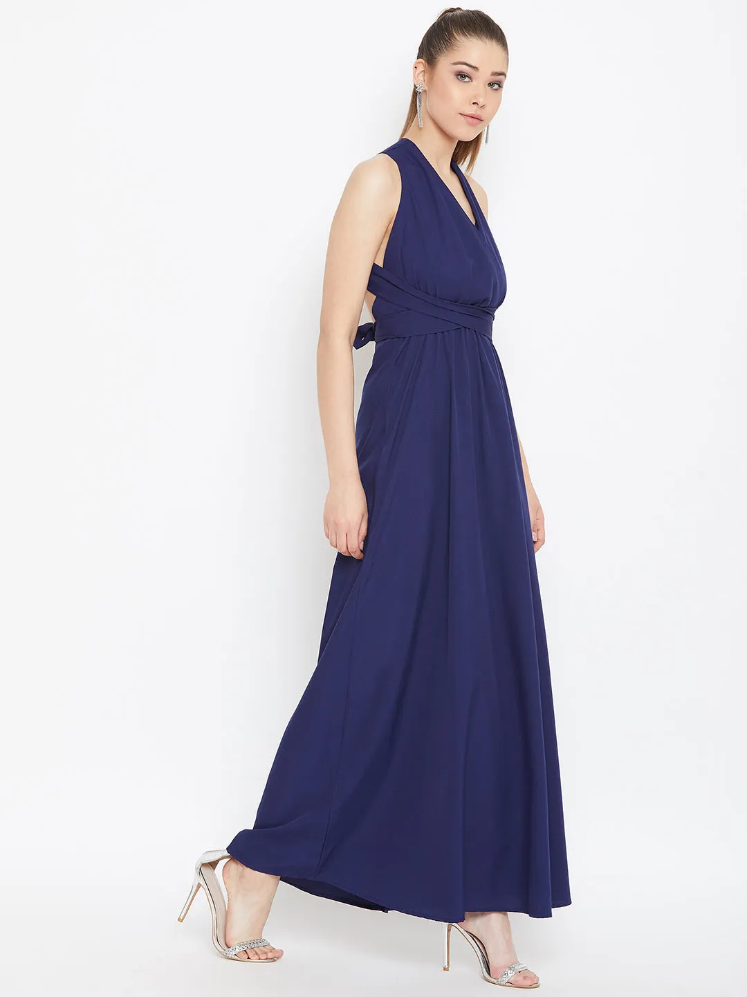 Berrylush Women Solid Navy Blue Halter Neck Multiway Flared Maxi Dress