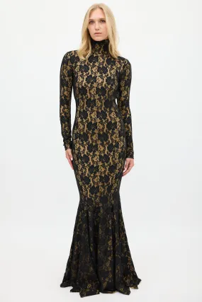 Black & Beige Floral Lace Open Back Gown