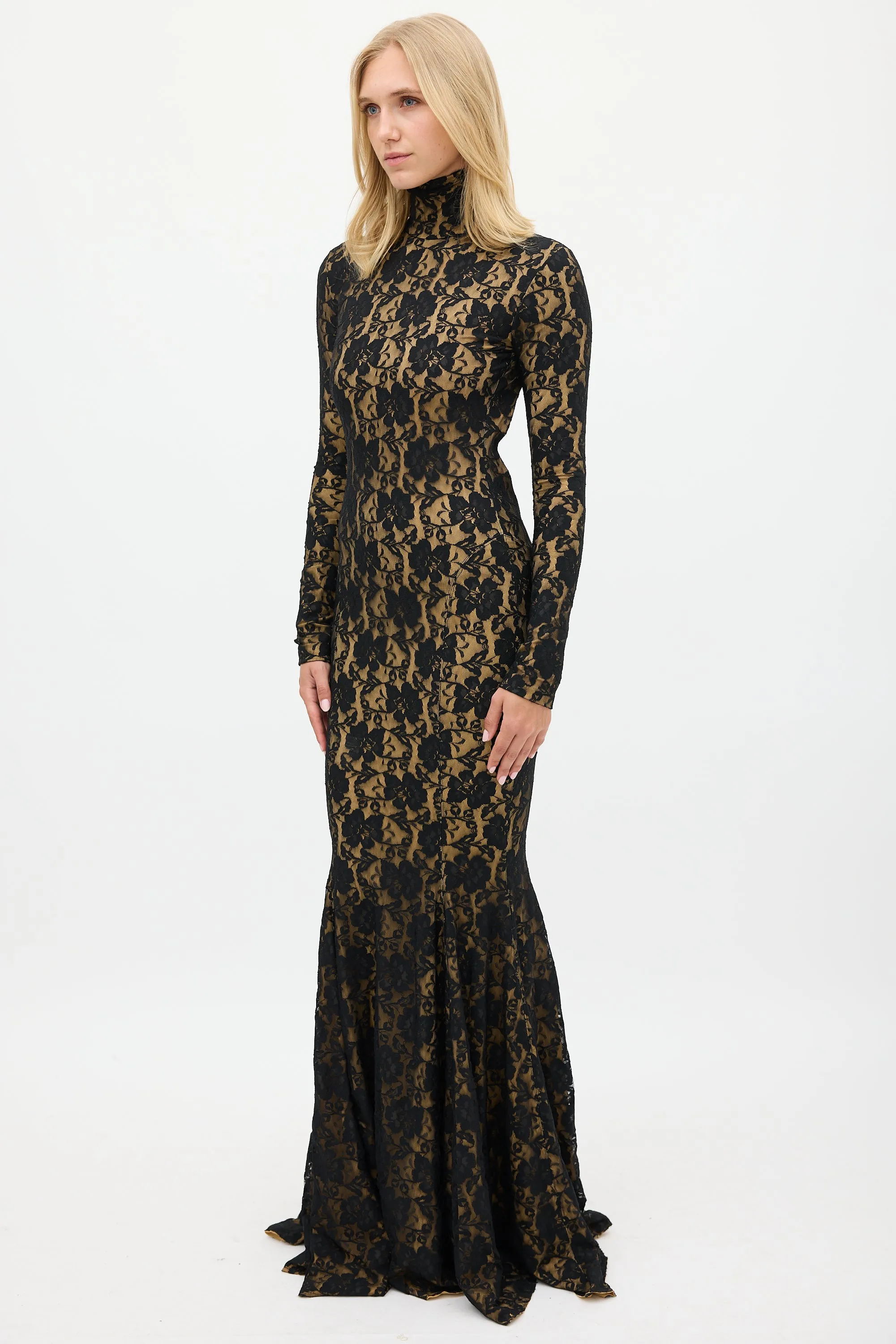 Black & Beige Floral Lace Open Back Gown