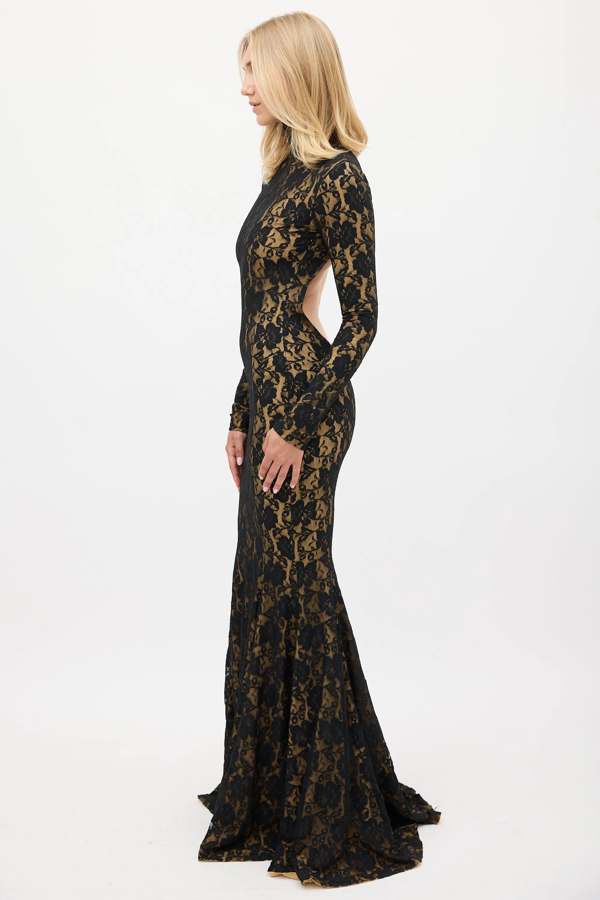 Black & Beige Floral Lace Open Back Gown