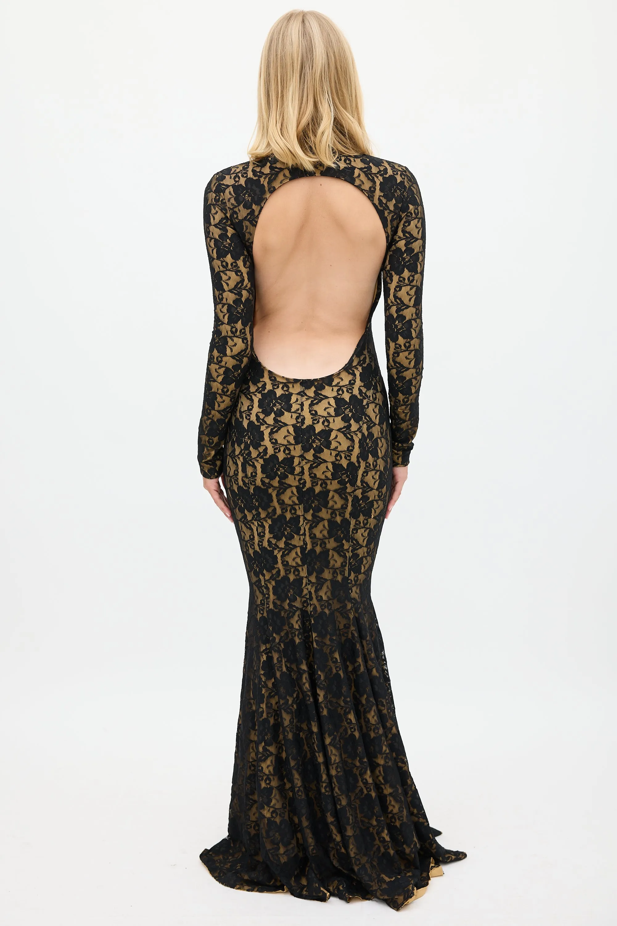 Black & Beige Floral Lace Open Back Gown