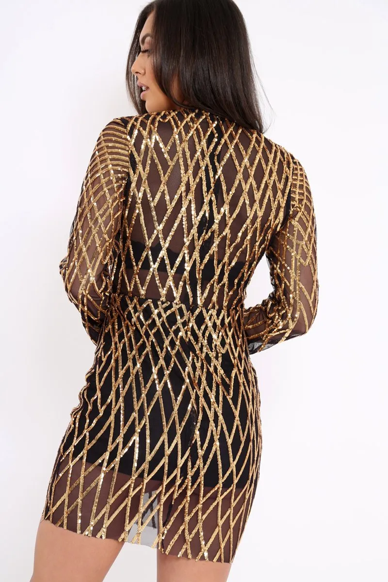 Black and Gold Sequin Bodycon Dress - Lexy