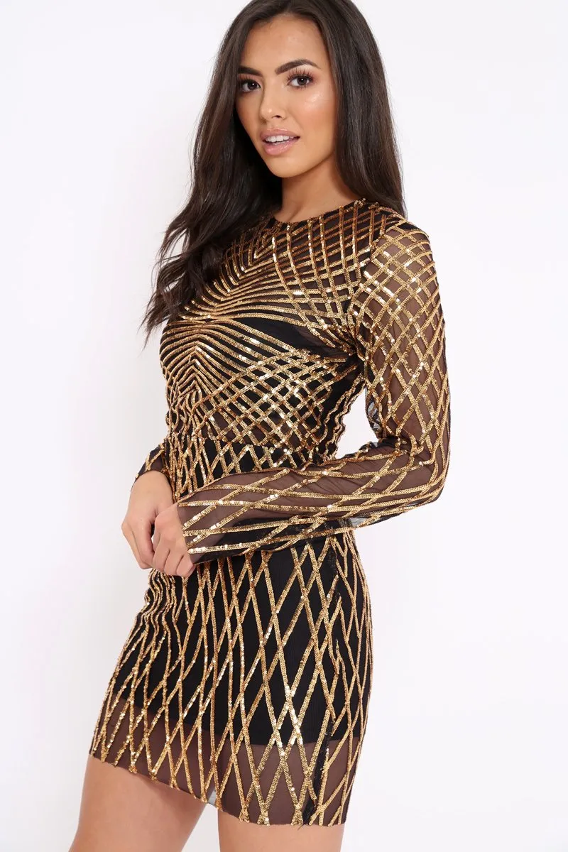 Black and Gold Sequin Bodycon Dress - Lexy