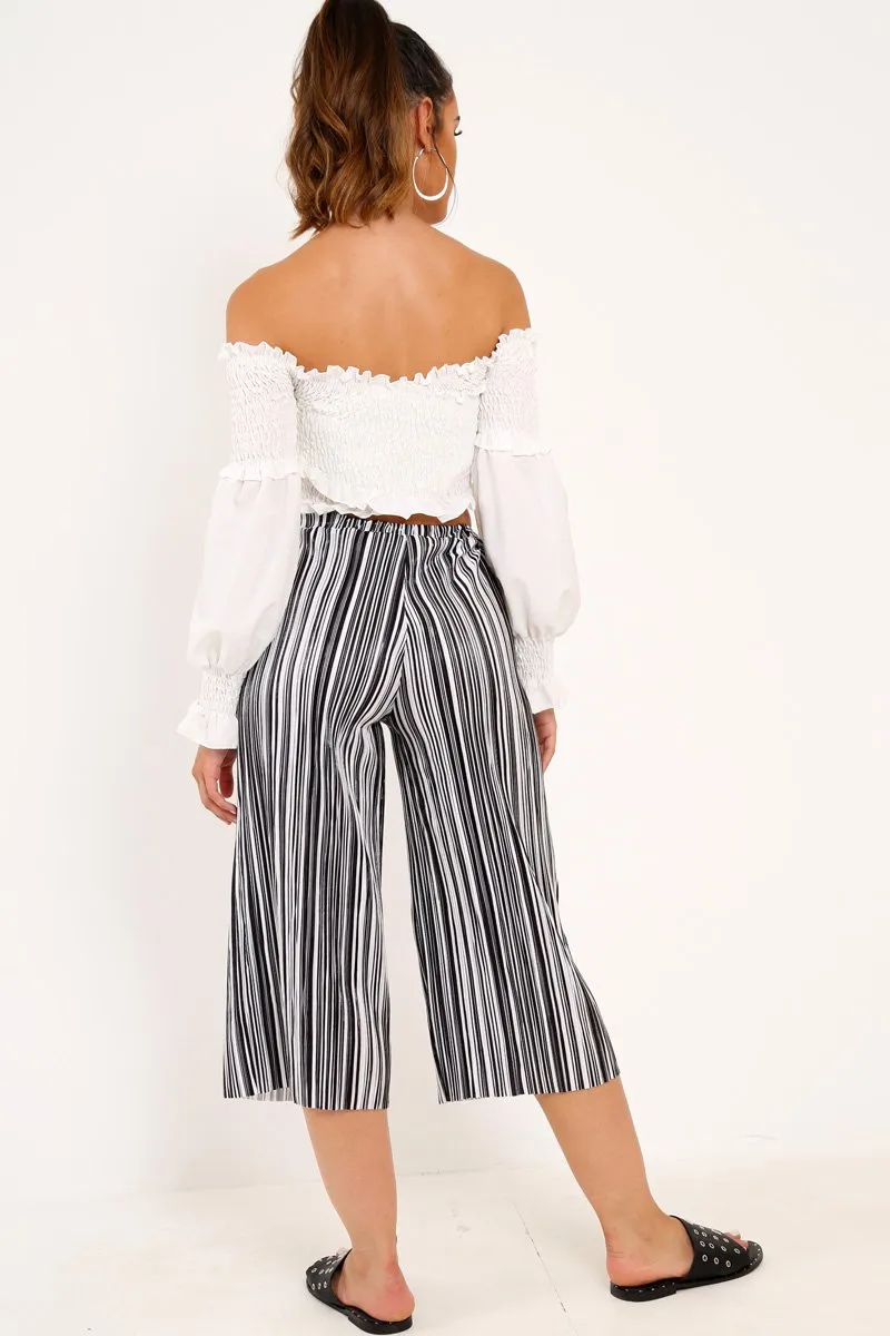 Black And White Stripe Crepe Culottes - Ghada