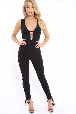 Black Caged Side Lace Jumpsuit - Melody