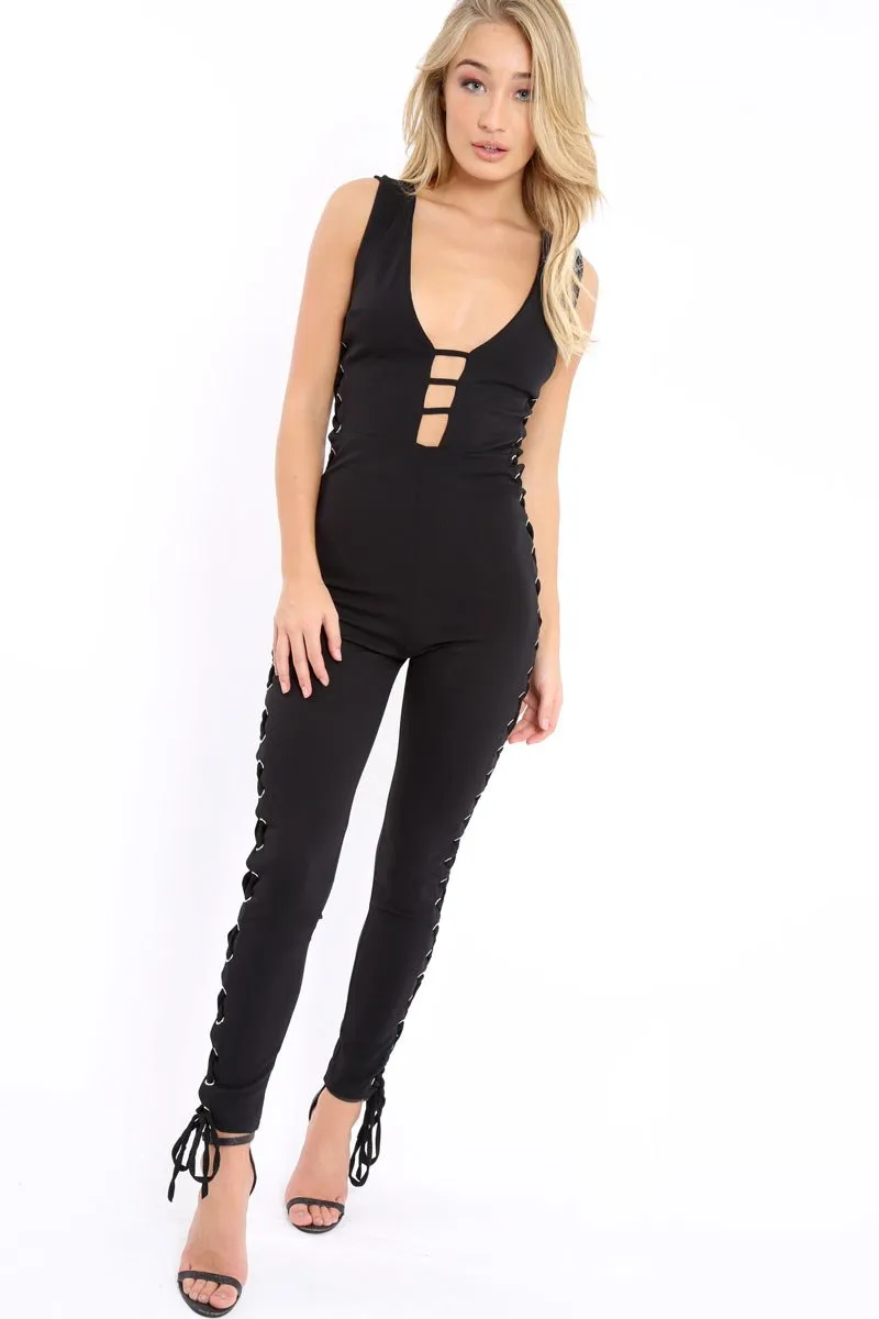 Black Caged Side Lace Jumpsuit - Melody