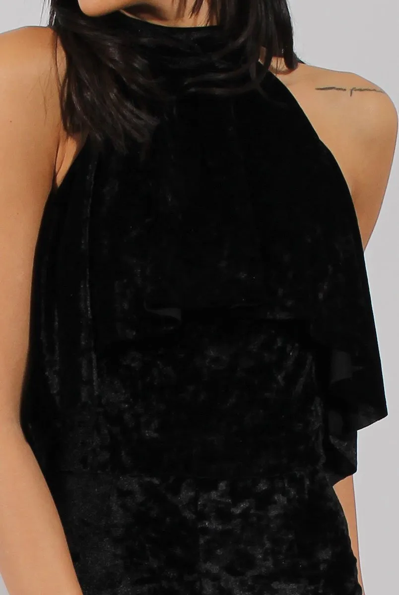 Black Crushed Velvet Frill Choker Jumpsuit - Blaire