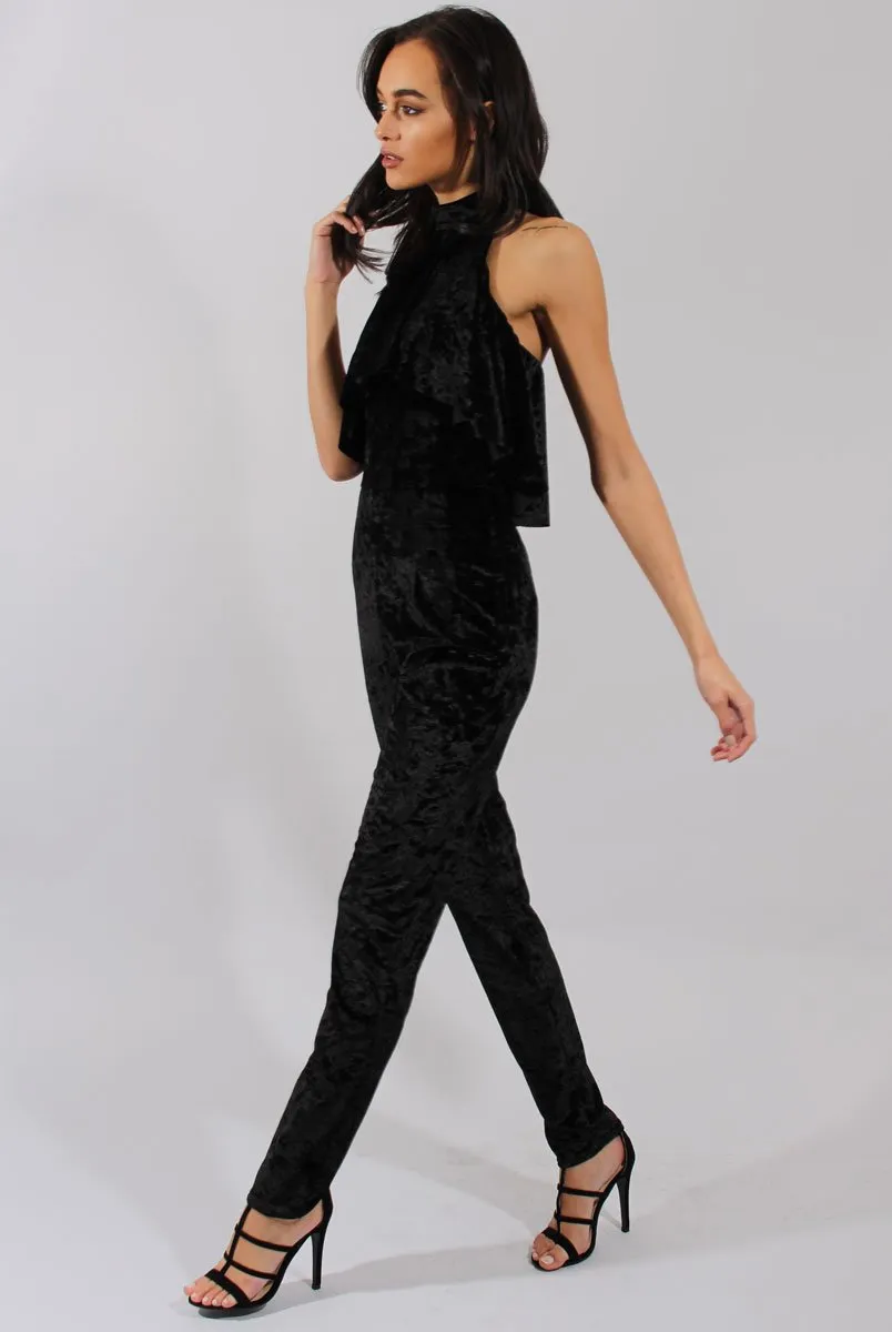 Black Crushed Velvet Frill Choker Jumpsuit - Blaire