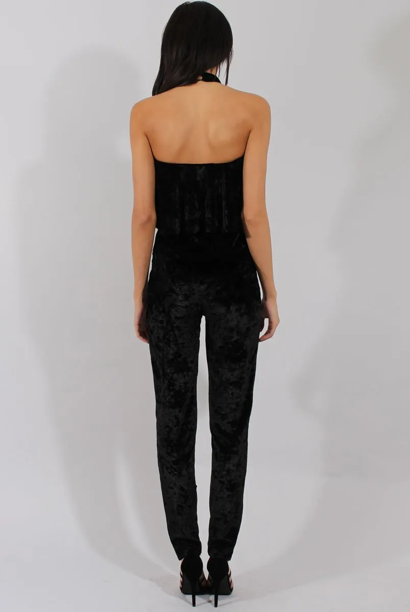 Black Crushed Velvet Frill Choker Jumpsuit - Blaire