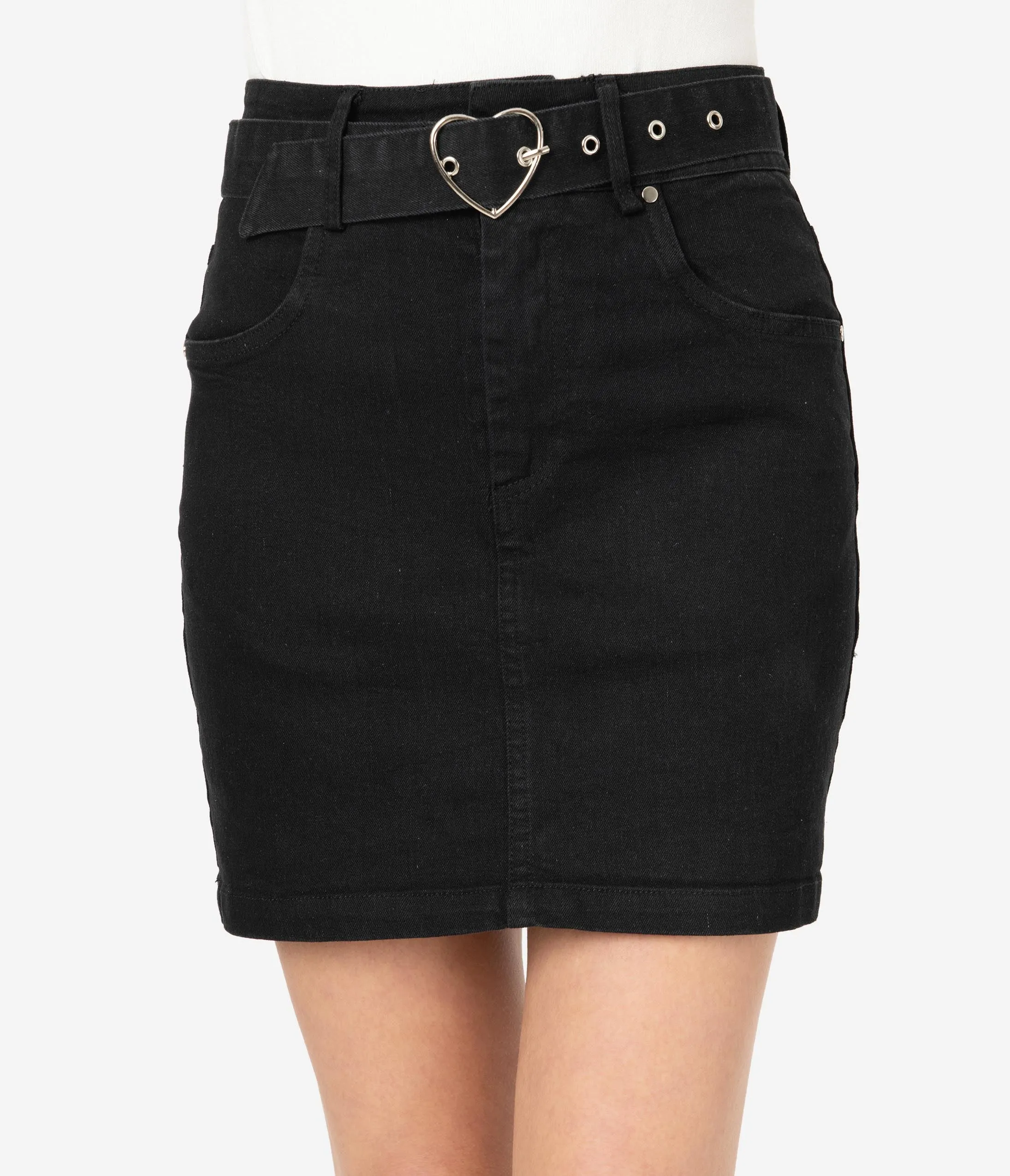 Black Denim Heart Buckle Mini Skirt