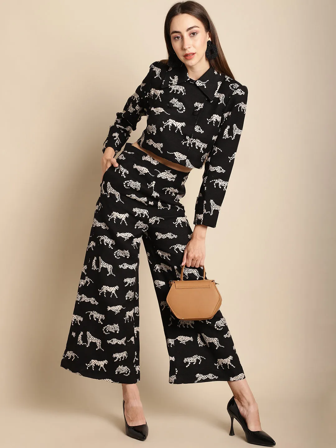 Black Jacquard Tiger Patterned Short Jacket With Pants Co-Ord Set