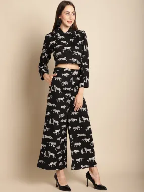 Black Jacquard Tiger Patterned Short Jacket With Pants Co-Ord Set