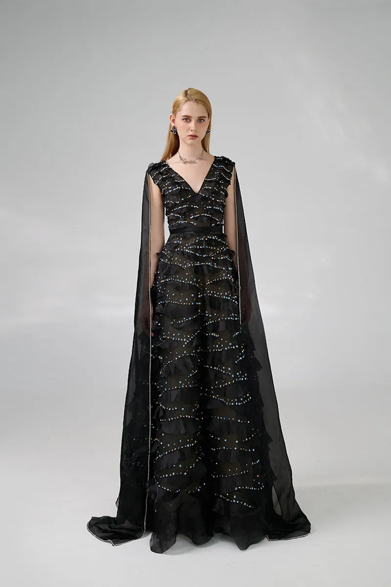 BLACK LAYERED FLOOR LENGTH GOWN WITH SCARF