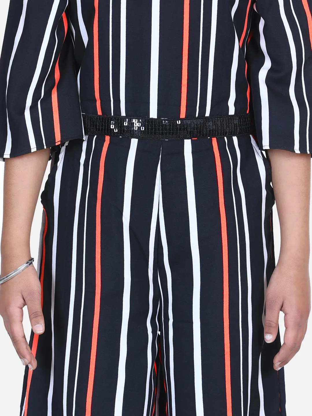 Black Neon Stripe Sequin Flared Jumpsuit