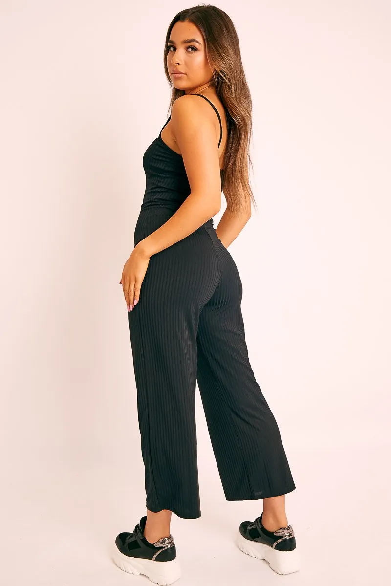 Black Ribbed Wide Leg Jumpsuit - Elpha