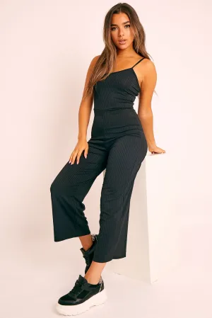 Black Ribbed Wide Leg Jumpsuit - Elpha