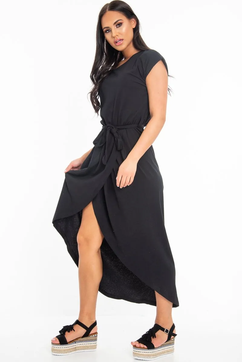 Black Scoop Neck Belted Wrap Maxi Dress - Allie