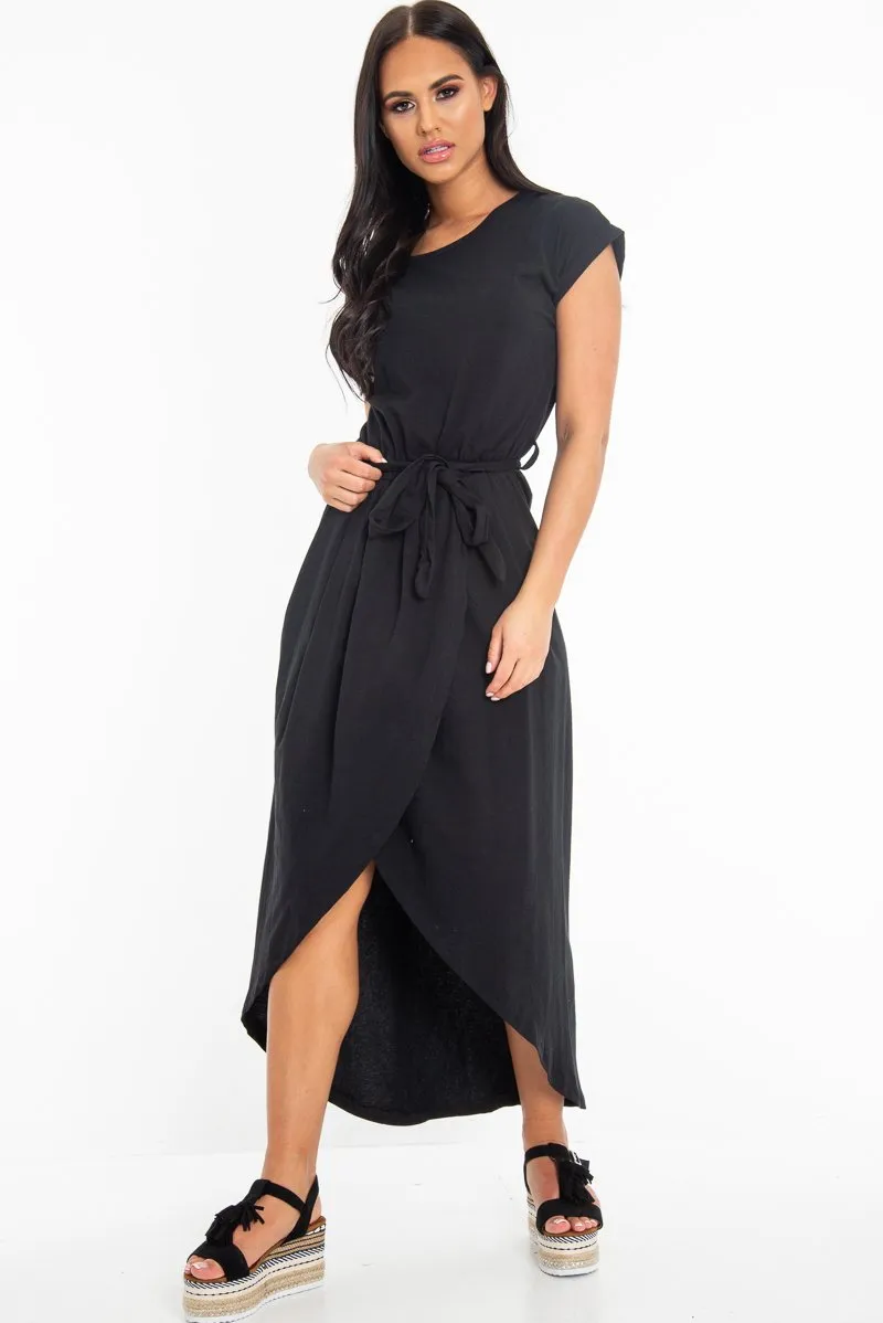 Black Scoop Neck Belted Wrap Maxi Dress - Allie