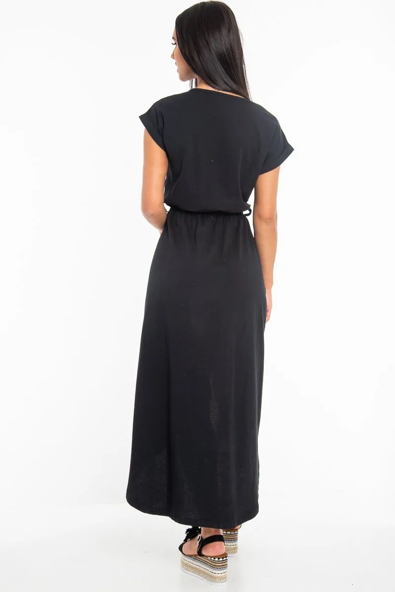 Black Scoop Neck Belted Wrap Maxi Dress - Allie