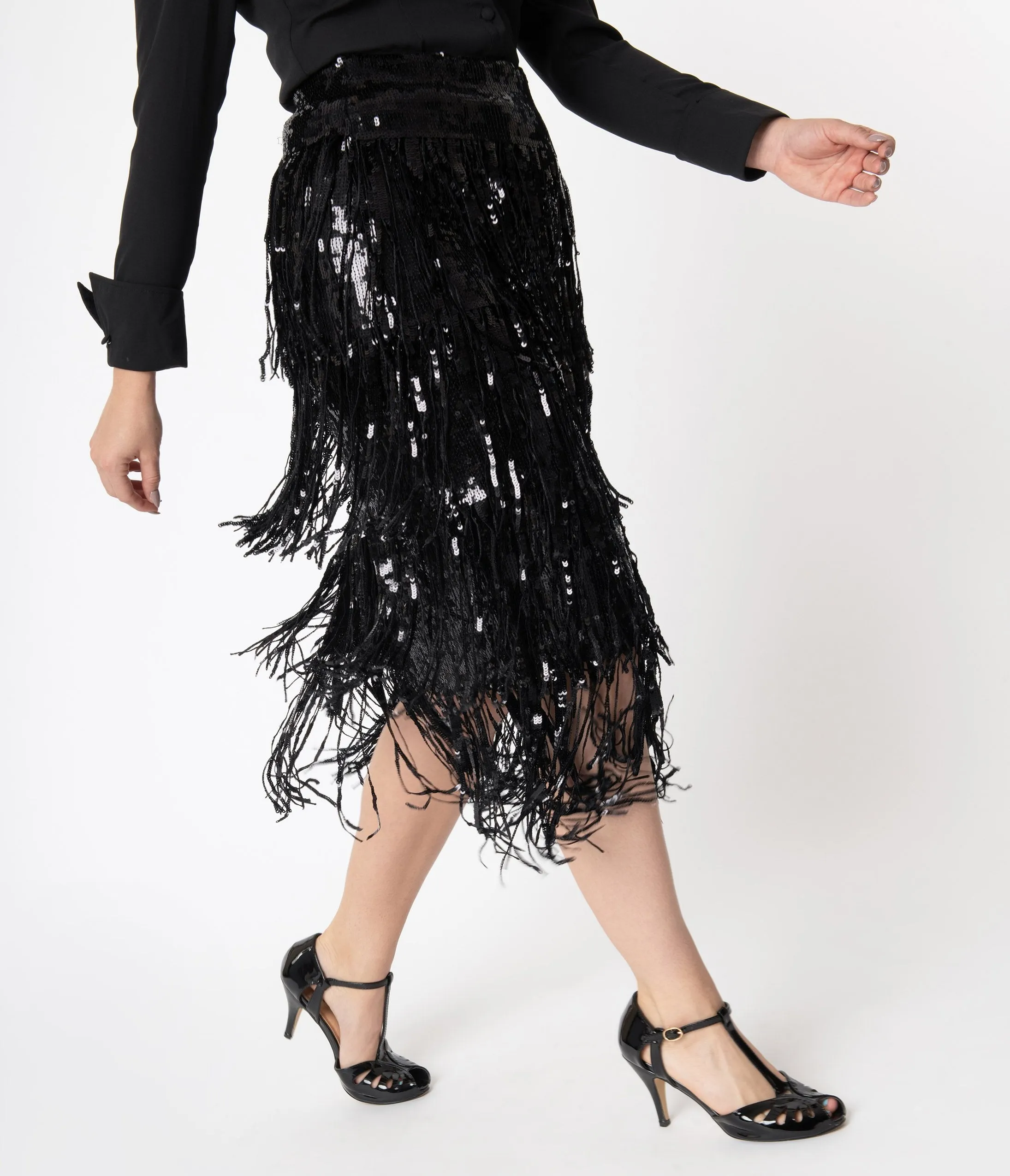 Black Sequin & Fringe Tiered Skirt