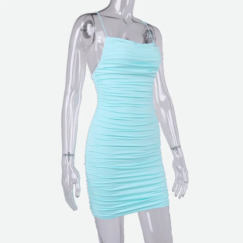 Blue Mini Dress Bodycon with Mesh Ruched