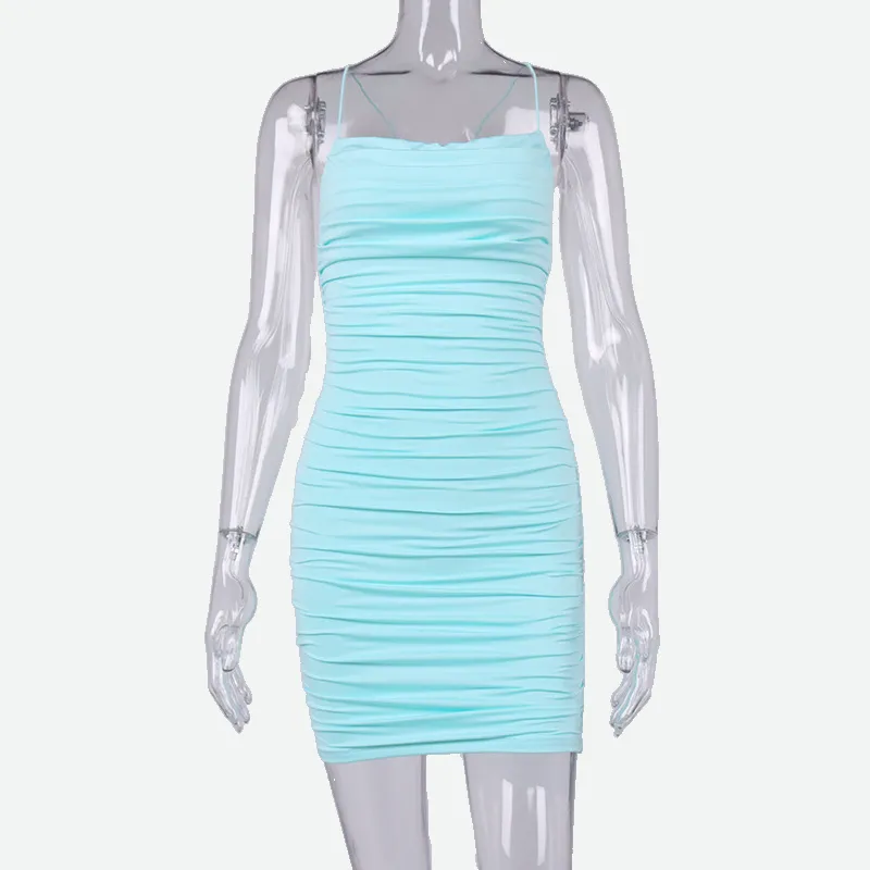 Blue Mini Dress Bodycon with Mesh Ruched