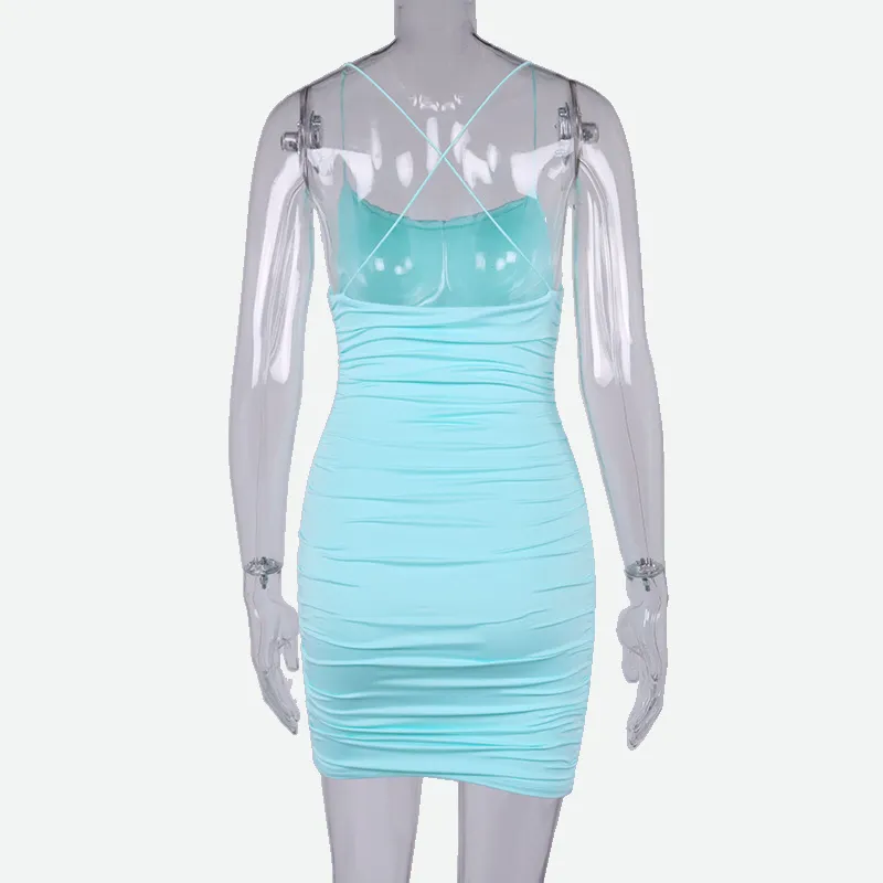 Blue Mini Dress Bodycon with Mesh Ruched