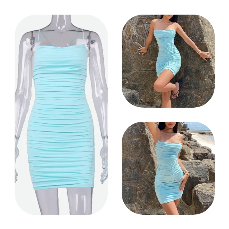 Blue Mini Dress Bodycon with Mesh Ruched