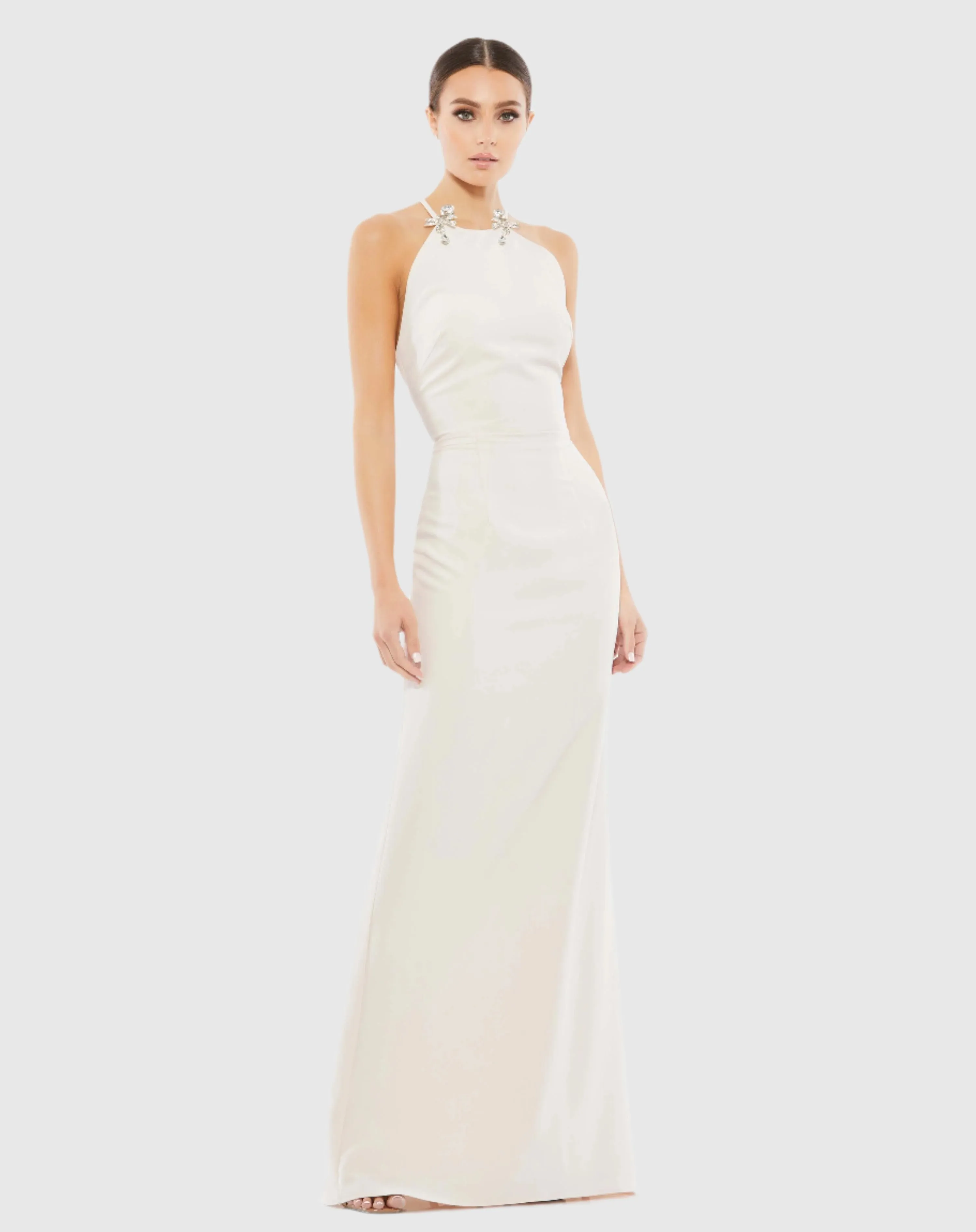 Bow Halter Criss-Cross Column Gown