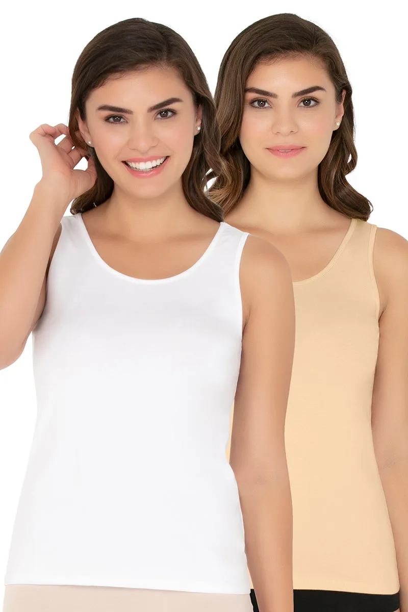 Broad Strapped Body Hugging Cotton Tank Top (Pack of 2) - Nude-White