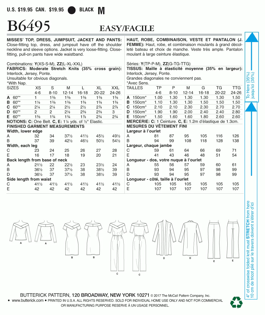 Butterick Pattern B6495 Misses' Knit Off-the-Shoulder Top, Dress and Jumpsuit, Loose Jacket, and Pull-On Pants