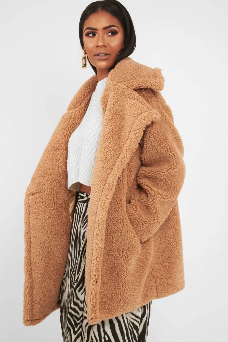 Camel Faux Fur Button Front Teddy Coat - Aamna