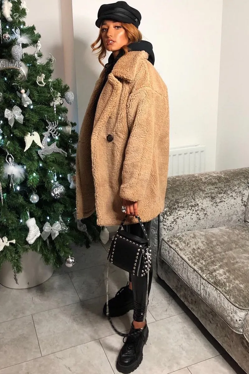 Camel Faux Fur Button Front Teddy Coat - Aamna