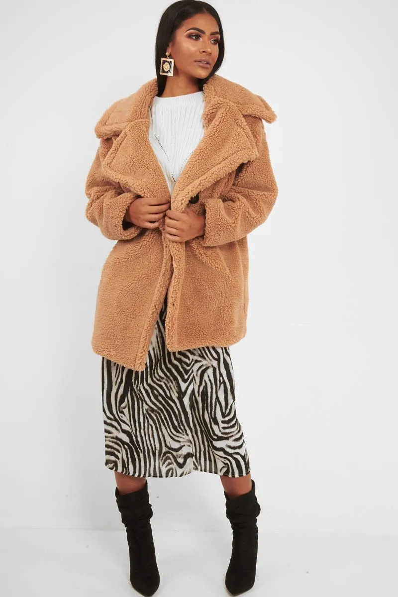 Camel Faux Fur Button Front Teddy Coat - Aamna