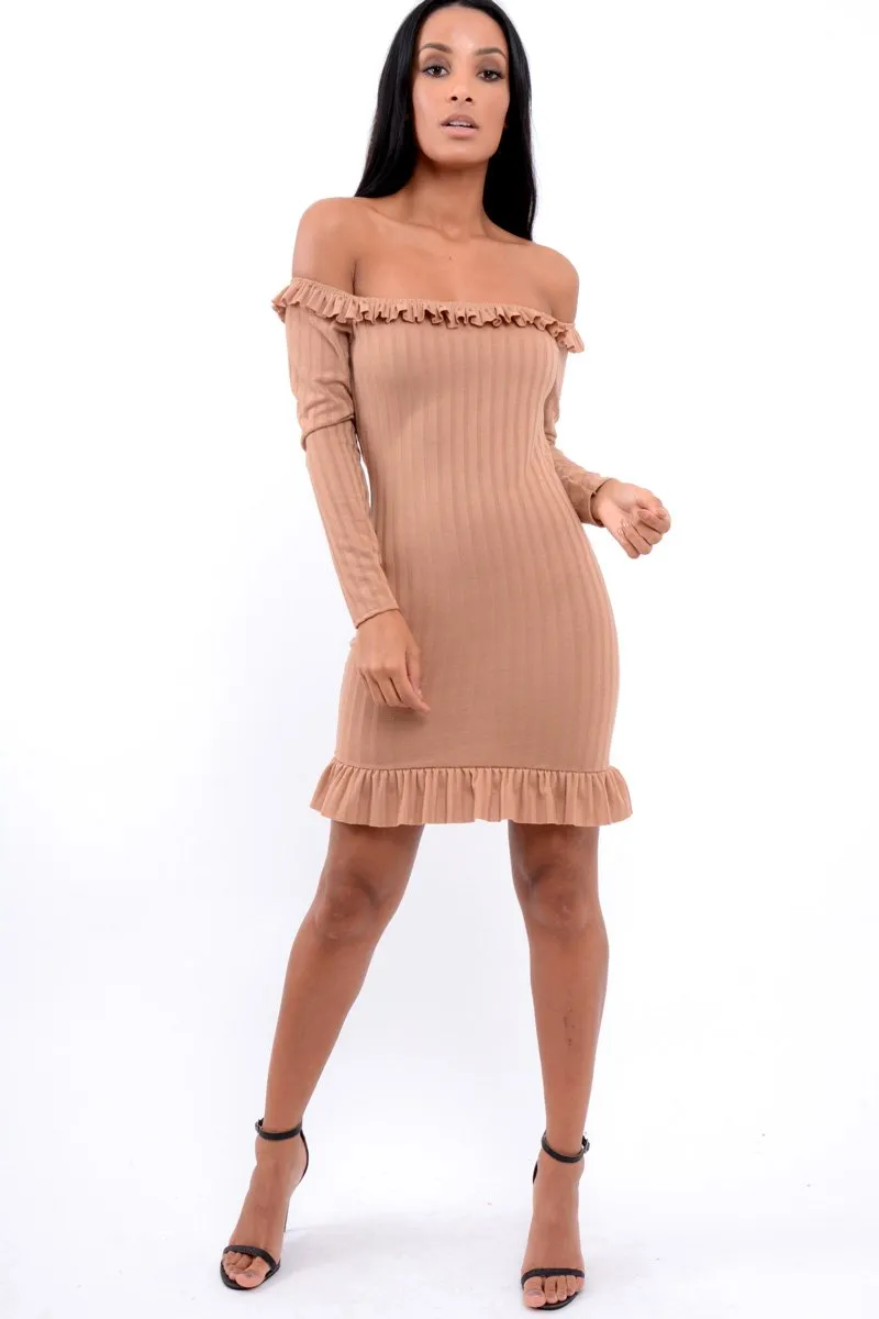 Camel Ruffle Hem Ribbed Bardot Mini Dress - Destiny