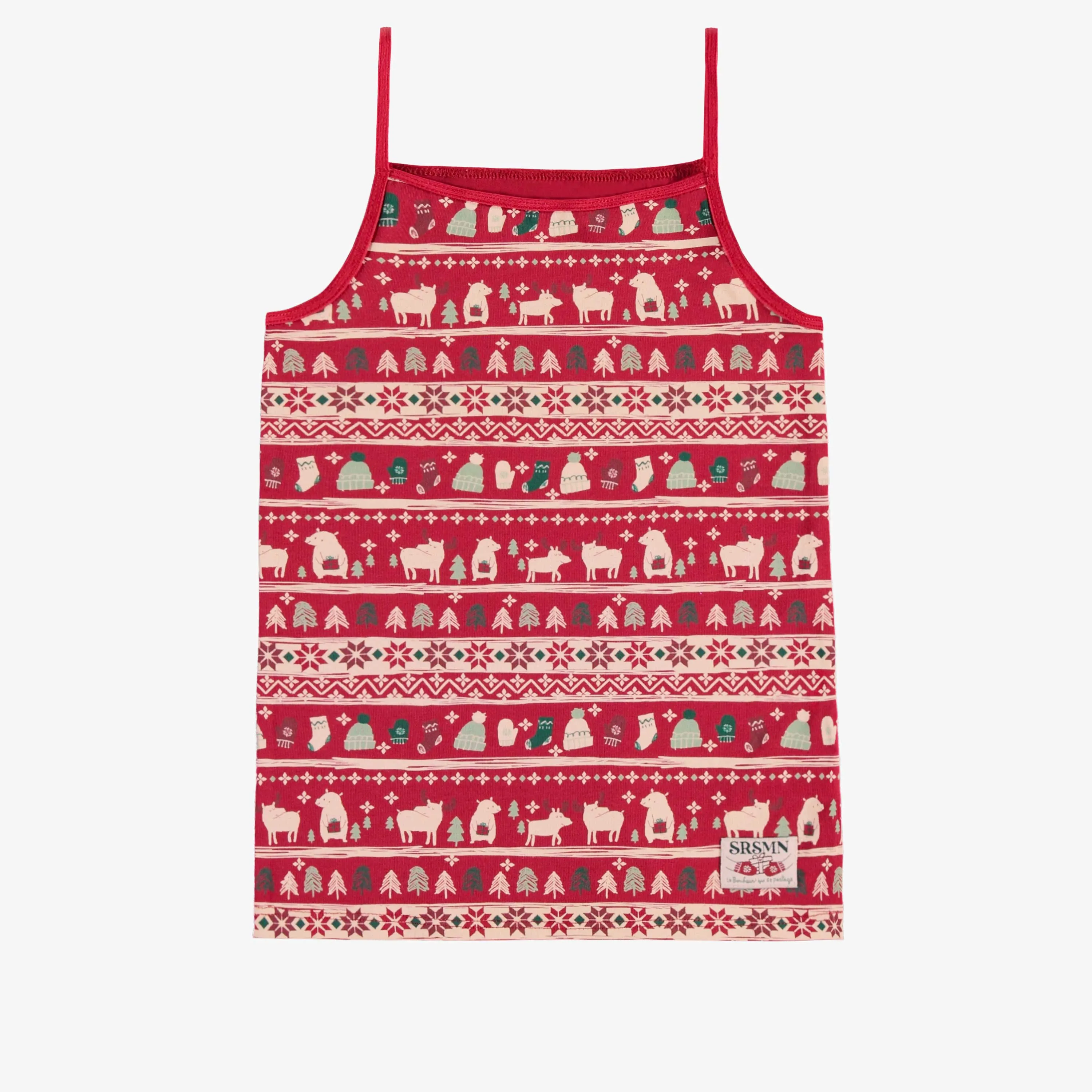 Camisole rouge en jersey extensible à motifs des fêtes, enfant  || Red camisole in stretch jersey with holiday all over print, child