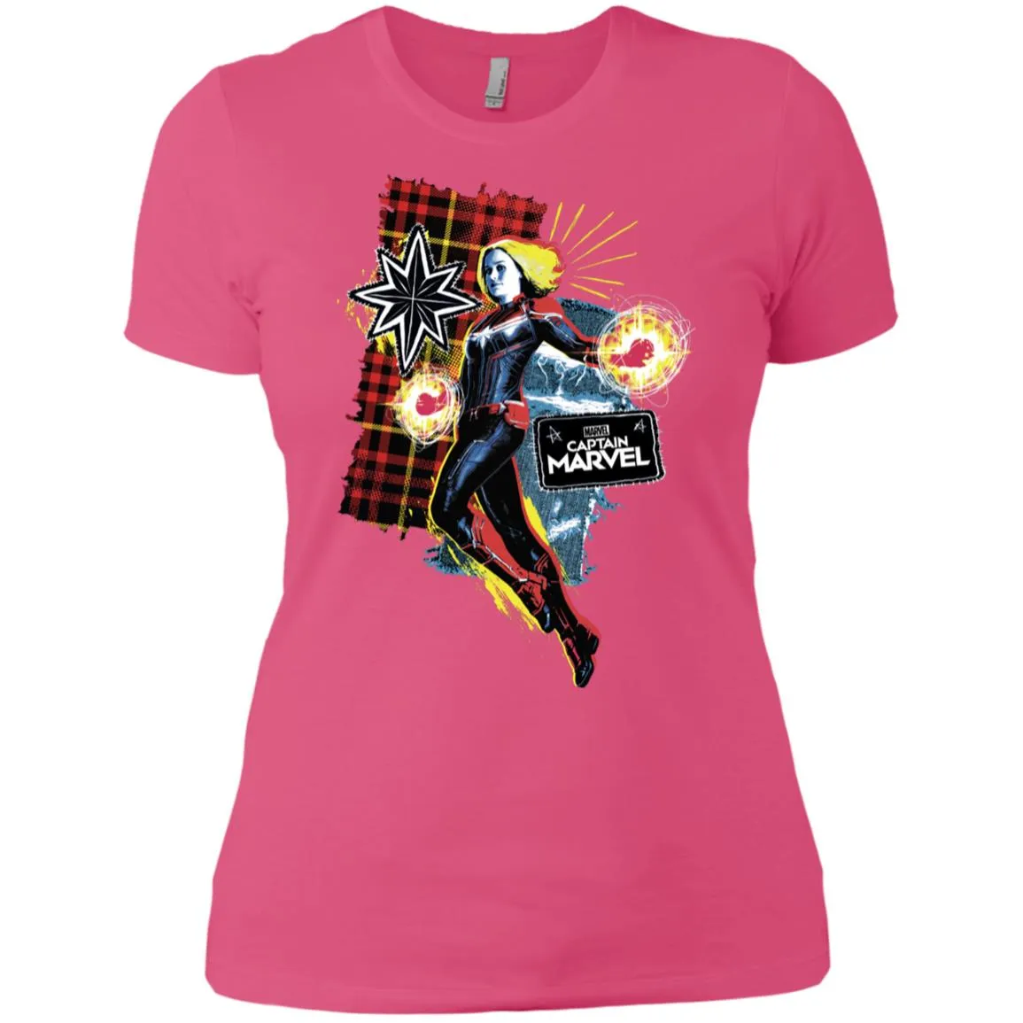 Captain Marvel Plaid Jean Patched Portrait Women Cotton T-Shirt