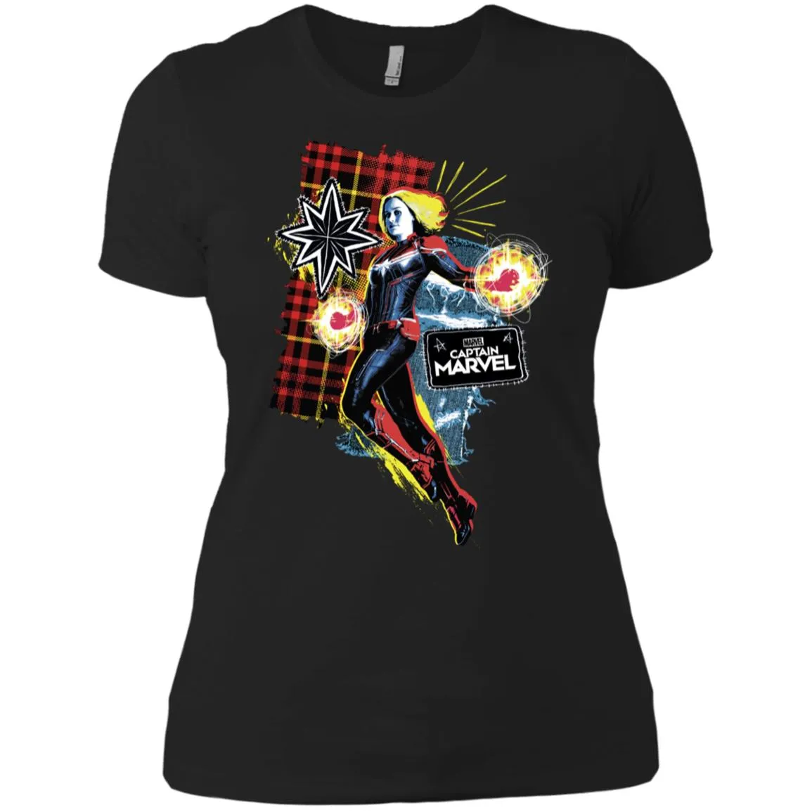 Captain Marvel Plaid Jean Patched Portrait Women Cotton T-Shirt