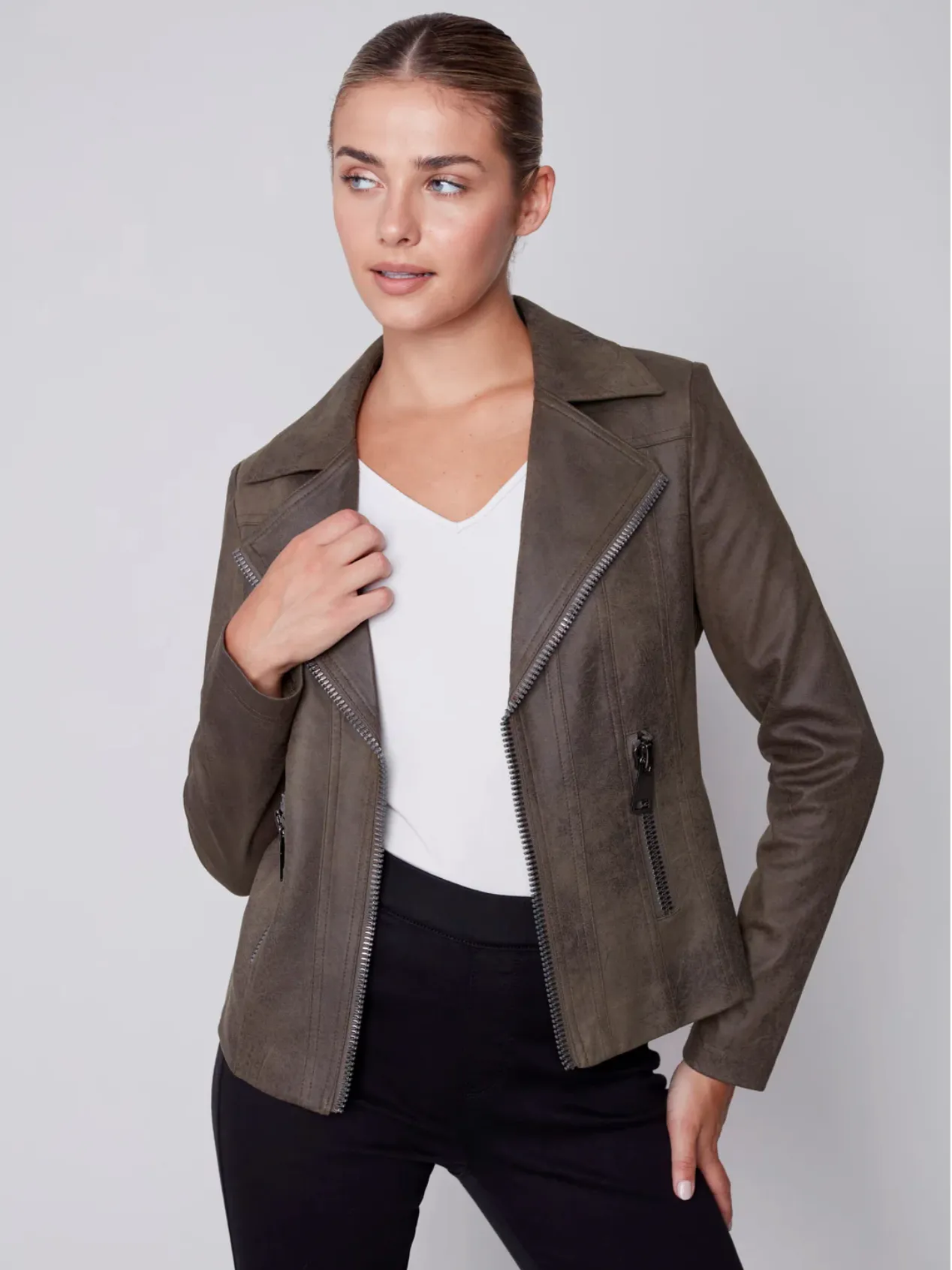 Charlie B - Vegan Suede Fabric Metro Jacket - Spruce Green