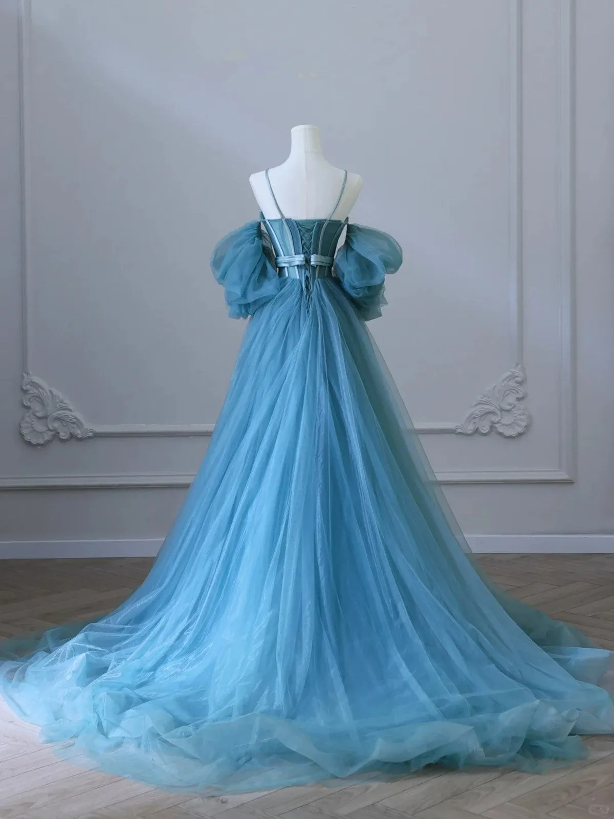 Chic Blue Sweetheart Straps Off Shoulder Tulle Formal Dress, Blue Prom Dress