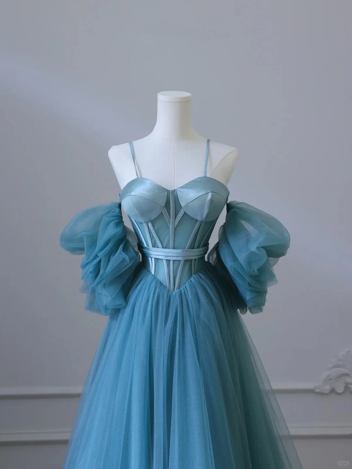 Chic Blue Sweetheart Straps Off Shoulder Tulle Formal Dress, Blue Prom Dress