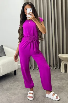 Chrisse Purple Short Sleeve Shirred Waist Jumpsuit