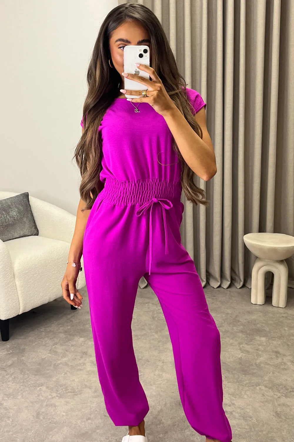 Chrisse Purple Short Sleeve Shirred Waist Jumpsuit