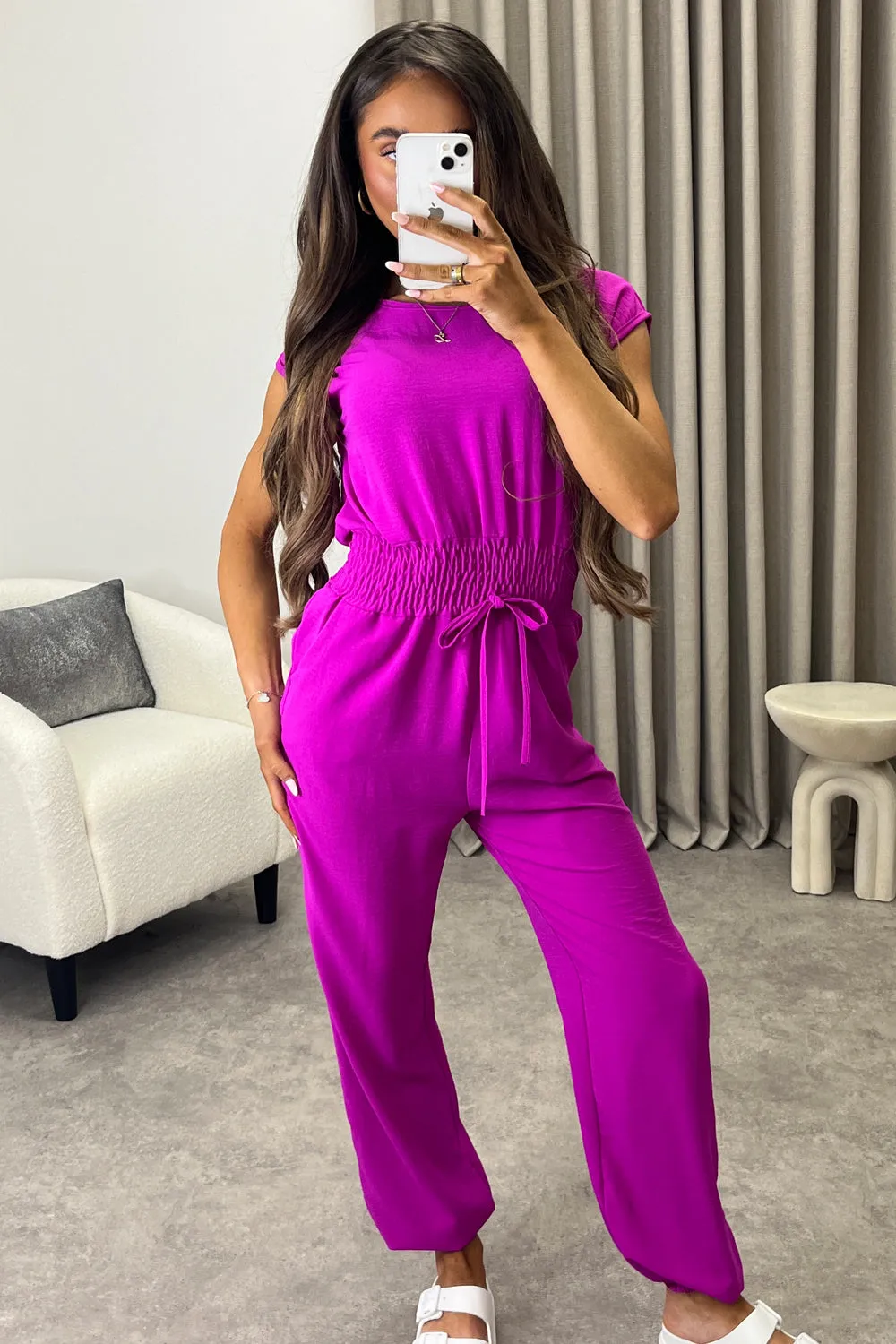 Chrisse Purple Short Sleeve Shirred Waist Jumpsuit