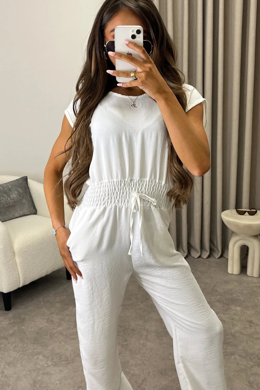 Chrisse White Short Sleeve Shirred Waist Jumpsuit