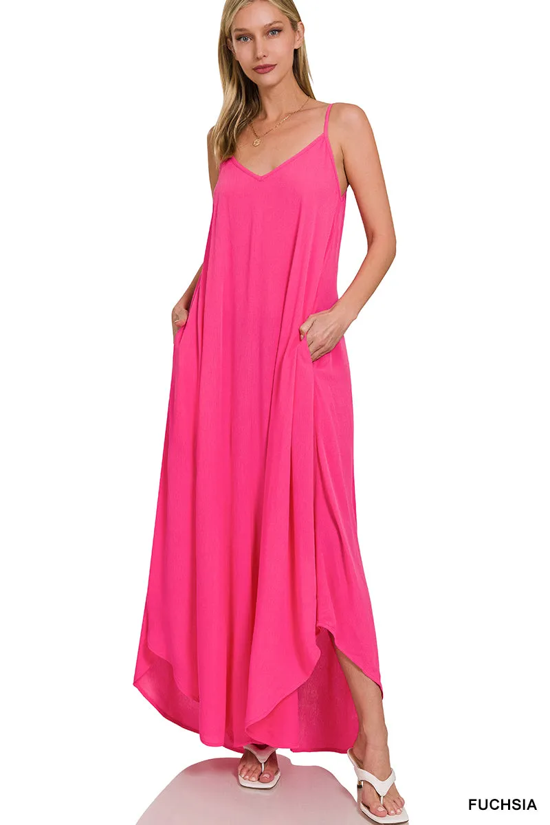 Crinkle Cami Maxi Pocket Dress - Fuchsia