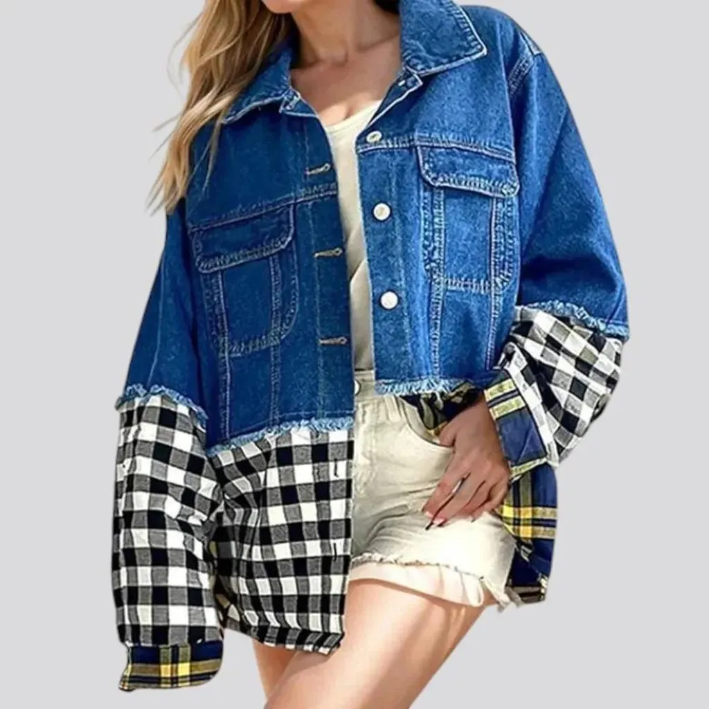 Cropped distressed women's denim jacket