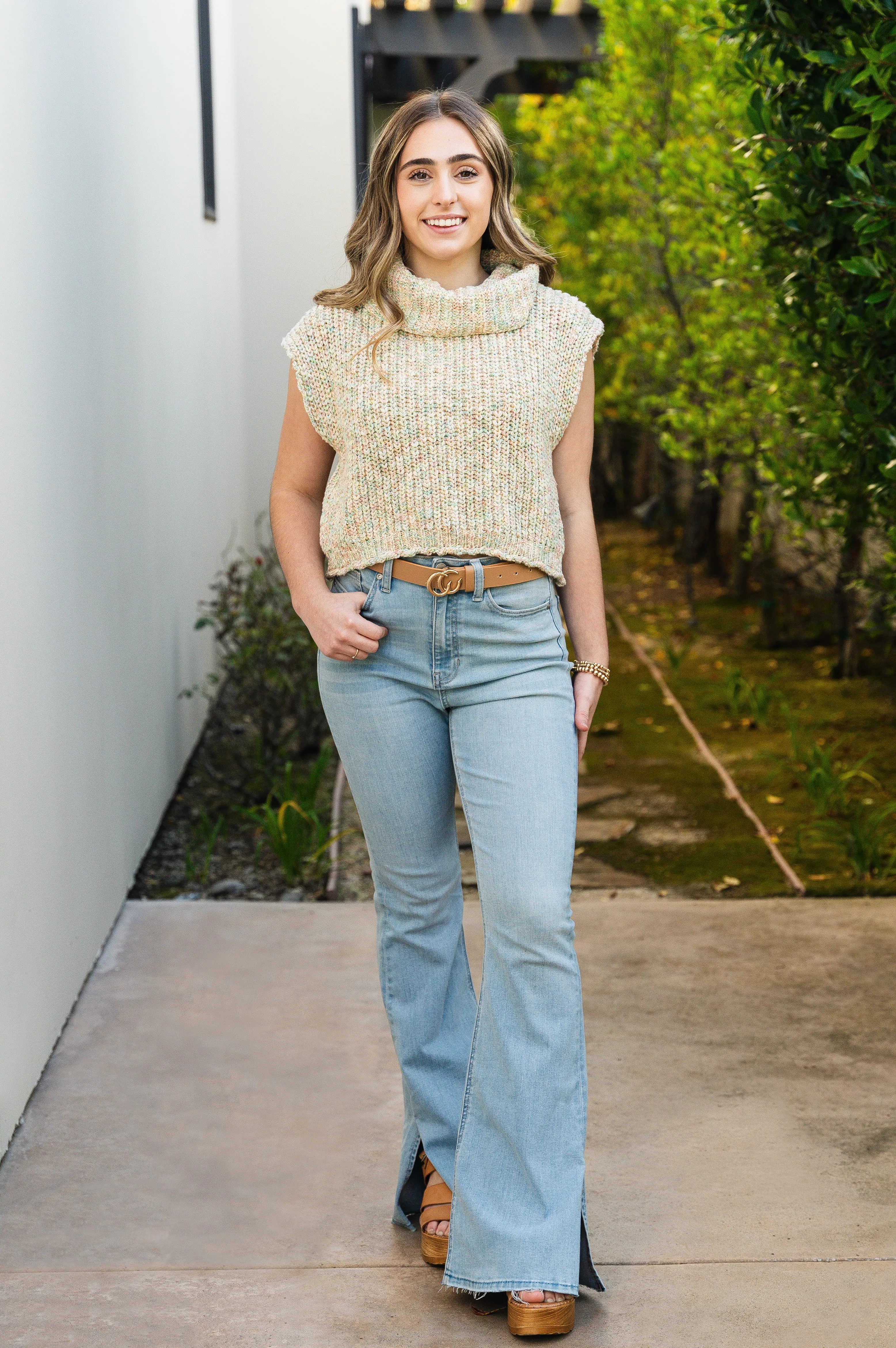 Cropped Just Enough Turtleneck Sweater Cream Pastel Multi